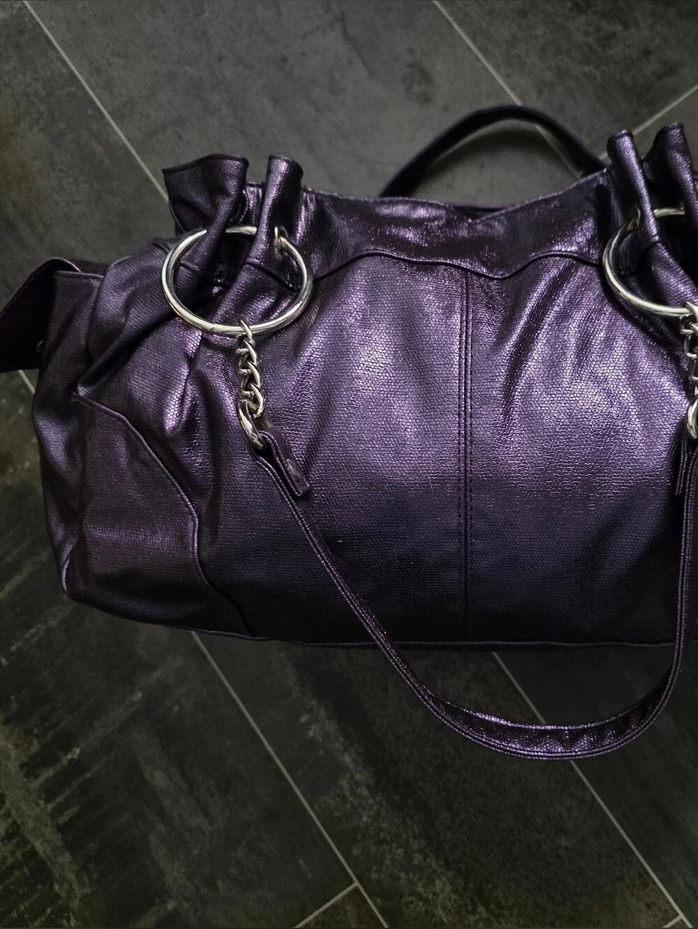 Metallic Purple Shoulder Bag with Chain Accent